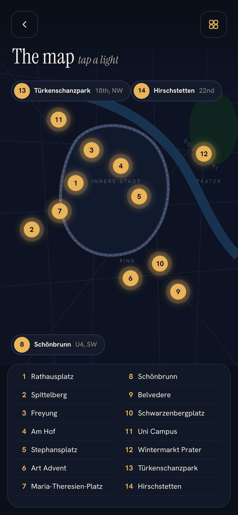 Guide page: map of all 14 Vienna Christmas markets